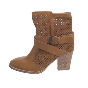 Aquatalia by Marvin Fawn Tan Perforated Strap Block Heel Suede Booties
